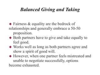 Balanced Giving and Taking
 Fairness & equality are the bedrock of
relationships and generally embrace a 50-50
proposition.
 Both partners have to give and take equally to
feel good.
 Works well as long as both partners agree and
show a spirit of good will.
 However, when one partner feels mistreated and
unable to negotiate successfully, options
become exhausted.
 