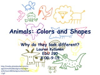 Animals: Colors and Shapes Why do they look different? Lauren Kyllonen EDU 290 8:00-9:15 http://media.photobucket.com/image/animal%20background/virginiaisforlovers88/backgrounds/animal-2.gif 