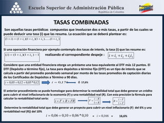 TASAS COMBINADAS
Son aquellas tasas periódicas compuestas que involucran dos o más tasas, a partir de las cuales se
puede deducir una tasa (i) que las resuma. La ecuación que se deberá plantear es:
Si una operación financiera por ejemplo contempla dos tasas de interés, la tasa (i) que las resume es:
realizando el correspondiente despeje :
Considere que una entidad financiera otorga un préstamo una tasa equivalente al DTF más 12 puntos. El
DTF (Depósito a término fijo), La tasa para depósitos a término fijo (DTF) es un tipo de interés que se
calcula a partir del promedio ponderado semanal por monto de las tasas promedios de captación diarias
de los Certificados de Depósitos a Término a 90 días.
Ó 17,6%
El anterior procedimiento se puede homologar para determinar la rentabilidad total que debe generar un crédito
para cubrir el nivel inflacionario de la economía (F) y una rentabilidad real (R). Con esta precisión la fórmula para
calcular la rentabilidad total sería:
Determine la rentabilidad total que debe generar un proyecto para cubrir un nivel inflacionario (F) del 6% y una
rentabilidad real (R)) del 10%
= = 16,6%
)
1
)......(
1
)(
1
)(
1
(
)
1
( 3
2
1 n
i
i
i
i
i 





1
)
1
)(
1
(
)
( 2
1 


 i
i
i
2
1
2
1 i
i
i
i
i 


12
,
0
*
05
,
0
12
,
0
05
,
0 


i 176
,
0

i
FR
R
F
i 

 R
R
i
F



1 F
F
i
R



1
10
,
0
*
06
,
0
10
,
0
06
,
0 


i 166
,
0

i
 