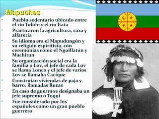 MapuchesMapuches
• Pueblo sedentario ubicado entre
el río Toltén y el río Itata
• Practicaron la agricultura, caza y
alfarería
• Su idioma era el Mapudungún y
su religión espiritista, con
ceremonias como el Nguillatún y
Machitun
• Su organización social era la
familia o Lov, el jefe de cada Lov
se llama Lonco y el jefe de varios
Lov se llamaba Cacique
• Construían viviendas de paja y
barro, llamadas Rucas
• En caso de guerra se designaba un
jefe supremo o Toqui
• Fue considerado por los
españoles como un gran pueblo
guerrero
 