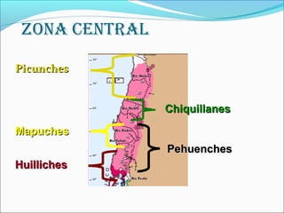 Zona Central
PicunchesPicunches
MapuchesMapuches
HuillichesHuilliches
PehuenchesPehuenches
ChiquillanesChiquillanes
 
