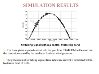 Switching signal within a control hysteresis band

o The three phase injected current into the grid from STATCOM will cancel out
the distortion caused by the nonlinear load and wind generator.
o The generation of switching signals from reference current is simulated within
hysteresis band of 0.08..

 