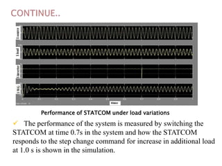 Performance of STATCOM under load variations

 The performance of the system is measured by switching the
STATCOM at time 0.7s in the system and how the STATCOM
responds to the step change command for increase in additional load
at 1.0 s is shown in the simulation.

 