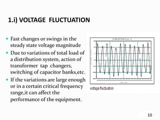 1.i) VOLTAGE FLUCTUATION
 Fast changes or swings in the
steady state voltage magnitude
 Due to variations of total load of
a distribution system, action of
transformer tap changers,
switching of capacitor banks,etc.
 If the variations are large enough
or in a certain critical frequency
range,it can affect the
performance of the equipment.
10
 