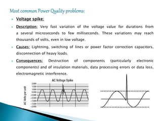 Voltage spike:
 Description: Very fast variation of the voltage value for durations from
a several microseconds to few milliseconds. These variations may reach
thousands of volts, even in low voltage.
 Causes: Lightning, switching of lines or power factor correction capacitors,
disconnection of heavy loads.
 Consequences: Destruction of components (particularly electronic
components) and of insulation materials, data processing errors or data loss,
electromagnetic interference.
 