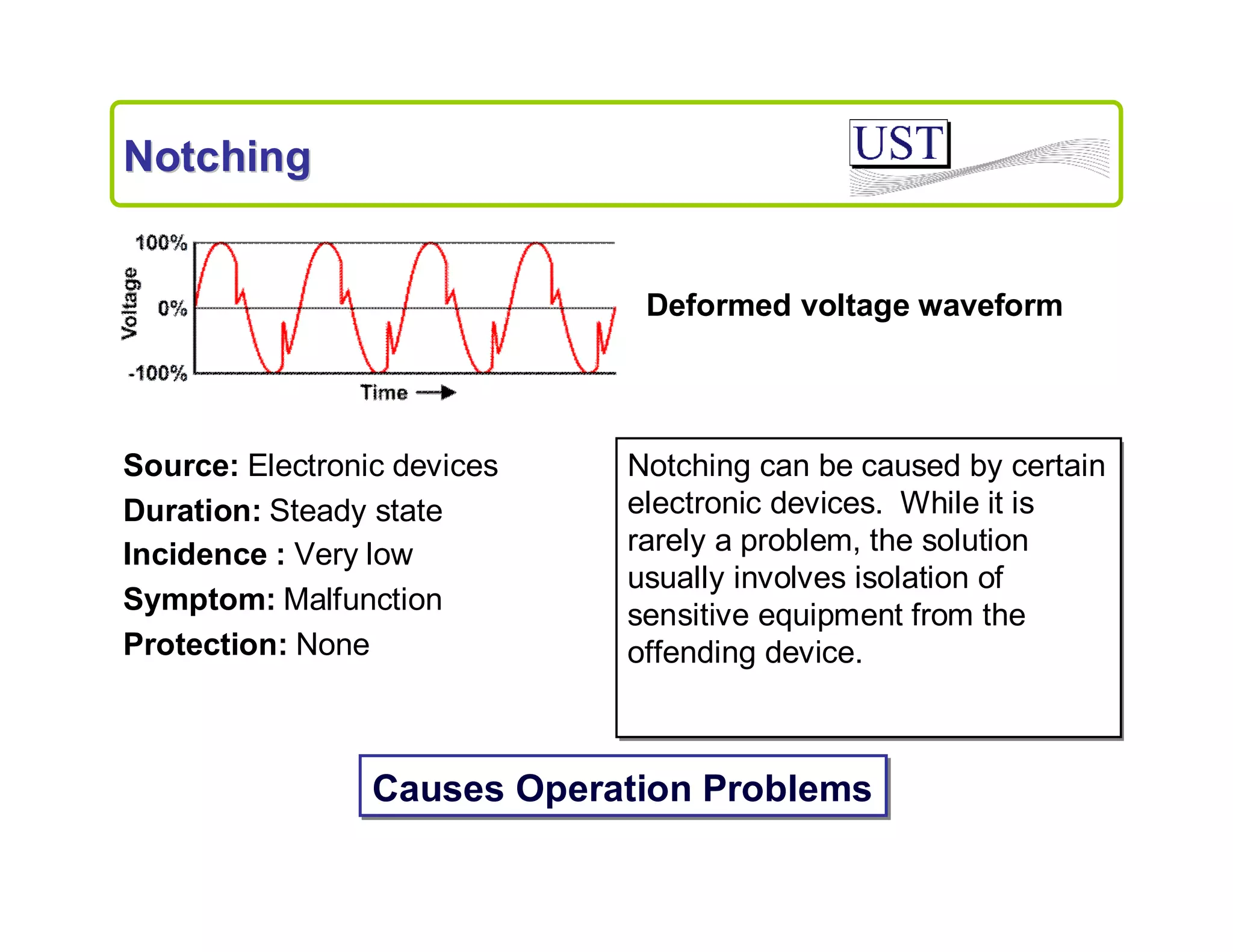 Notching

Deformed voltage waveform

Source: Electronic devices
Duration: Steady state
Incidence : Very low
Symptom: Malfunction
Protection: None

Notching can be caused by certain
electronic devices. While it is
rarely a problem, the solution
usually involves isolation of
sensitive equipment from the
offending device.

Causes Operation Problems

 