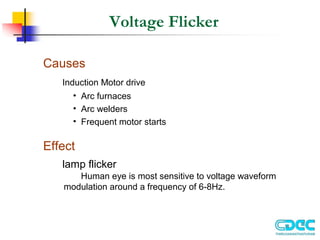 Voltage Flicker
Effect
lamp flicker
Human eye is most sensitive to voltage waveform
modulation around a frequency of 6-8Hz.
Causes
Induction Motor drive
• Arc furnaces
• Arc welders
• Frequent motor starts
 