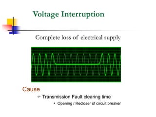 Voltage Interruption
Complete loss of electrical supply
Cause
 Transmission Fault clearing time
• Opening / Recloser of circuit breaker
 