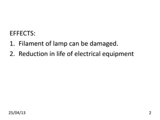 EFFECTS:
1. Filament of lamp can be damaged.
2. Reduction in life of electrical equipment
25/04/13 2
 