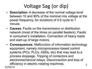Voltage Sag (or dip)
• Description: A decrease of the normal voltage level
between 10 and 90% of the nominal rms voltage at the
power frequency, for durations of 0.5 cycle to 1
minute.
• Causes: Faults on the transmission or distribution
network (most of the times on parallel feeders). Faults
in consumer’s installation. Connection of heavy loads
and start-up of large motors.
• Consequences: Malfunction of information technology
equipment, namely microprocessor-based control
systems (PCs, PLCs, ASDs, etc) that may lead to a
process stoppage. Tripping of contactors and
electromechanical relays. Disconnection and loss of
efficiency in electric rotating machines.
25/04/13
2
 