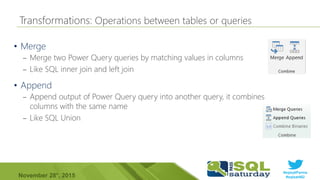 #sqlsatParma
#sqlsat462November 28°, 2015
•
– Merge two Power Query queries by matching values in columns
– Like SQL inner join and left join
•
– Append output of Power Query query into another query, it combines
columns with the same name
– Like SQL Union
 