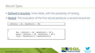 #sqlsatParma
#sqlsat462November 28°, 2015
•
•
[
Man = [Athletic = 10 , NonAthletic = 50 ],
Woman = [Athletic = 20 , NonAthletic = 40 ],
Total = Man[Athletic] + Woman[Athletic]
]
= [Athletic = 10 , NonAthletic = 50]
 