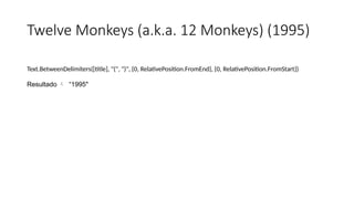 Twelve Monkeys (a.k.a. 12 Monkeys) (1995)
Text.BetweenDelimiters([title], "(", ")", {0, RelativePosition.FromEnd}, {0, RelativePosition.FromStart})
Resultado  “1995"
 
