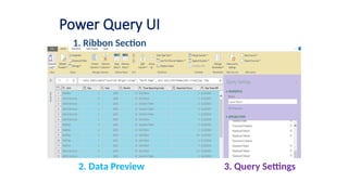 Power Query UI
1. Ribbon Section
2. Data Preview 3. Query Settings
 