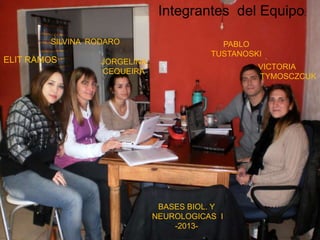 Integrantes del Equipo:
ELIT RAMOS
SILVINA RODARO
JORGELINA
CEQUEIRA
PABLO
TUSTANOSKI
VICTORIA
TYMOSCZCUK
BASES BIOL. Y
NEUROLOGICAS I
-2013-
 