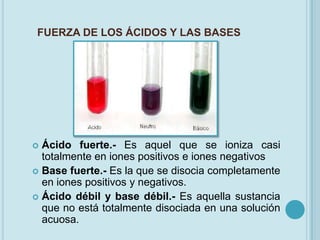 FUERZA DE LOS ÁCIDOS Y LAS BASES




 Ácido fuerte.- Es aquel que se ioniza casi
  totalmente en iones positivos e iones negativos
 Base fuerte.- Es la que se disocia completamente
  en iones positivos y negativos.
 Ácido débil y base débil.- Es aquella sustancia
  que no está totalmente disociada en una solución
  acuosa.
 