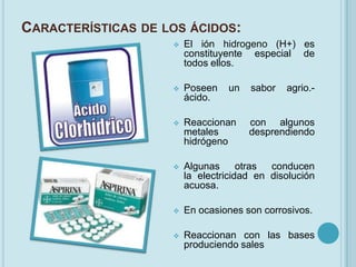 CARACTERÍSTICAS DE LOS ÁCIDOS:
                       El ión hidrogeno (H+) es
                        constituyente especial de
                        todos ellos.

                       Poseen   un   sabor   agrio.-
                        ácido.

                       Reaccionan    con algunos
                        metales       desprendiendo
                        hidrógeno

                       Algunas      otras conducen
                        la electricidad en disolución
                        acuosa.

                       En ocasiones son corrosivos.

                       Reaccionan con las bases
                        produciendo sales
 