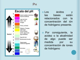 PH

        Los       ácidos     y
         las     bases    están
         relacionados con la
         concentración del ión
         de hidrógeno presente.

         Por consiguiente, la
         acidez o la alcalinidad
         de algo puede ser
         medida      por      su
         concentración de iones
         de hidrógeno
 