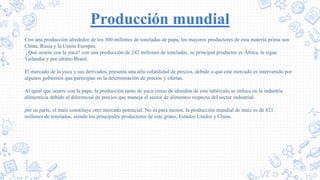Producción mundial
Con una producción alrededor de los 300 millones de toneladas de papa, los mayores productores de esta materia prima son
China, Rusia y la Unión Europea.
¿Qué ocurre con la yuca? con una producción de 242 millones de toneladas, su principal productor es África, le sigue
Tailandia y por último Brasil.
El mercado de la yuca y sus derivados, presenta una alta volatilidad de precios, debido a que este mercado es intervenido por
algunos gobiernos que participan en la determinación de precios y ofertas.
Al igual que ocurre con la papa, la producción tanto de yuca como de almidón de este tubérculo se enfoca en la industria
alimenticia debido al diferencial de precios que maneja el sector de alimentos respecto del sector industrial.
por su parte, el maíz constituye otro mercado potencial. No es para menos, la producción mundial de maíz es de 821
millones de toneladas, siendo los principales productores de este grano, Estados Unidos y China.
 
