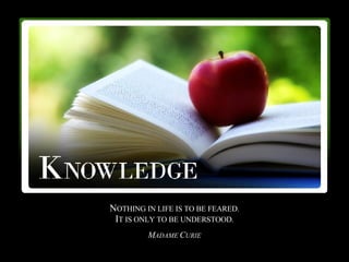 N OTHING IN LIFE IS TO BE FEARED. I T IS ONLY TO BE UNDERSTOOD. M ADAME  C URIE 