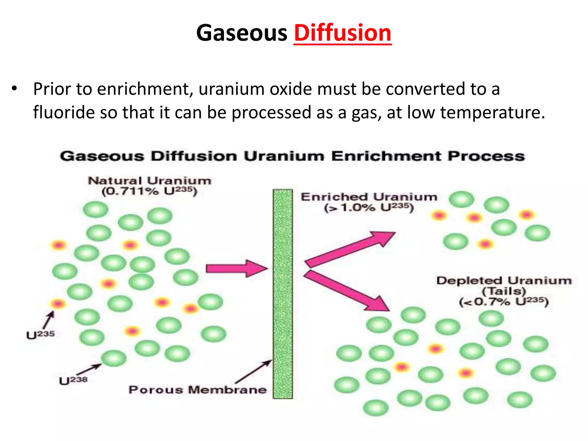 Gaseous Diffusion
• Prior to enrichment, uranium oxide must be converted to a
fluoride so that it can be processed as a gas, at low temperature.
• Following enrichment two streams of UF6 are formed:
The enriched ‘product’ containing a higher concentration of U-235
which will be used to make nuclear fuel, and the ‘tails’ containing a
lower concentration of U-235, and known as depleted uranium (DU).
• Feedstock may have a varying concentration of U-235, depending
on the source
 