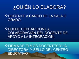 ¿QUIÉN LO ELABORA?¿QUIÉN LO ELABORA?
DOCENTE A CARGO DE LA SALA O
GRADO.
PUEDE CONTAR CON LA
COLABORACIÓN DEL DOCENTE DE
APOYO A LA INTEGRACIÓN.
FIRMA DE EL/LOS DOCENTES Y LA
DIRECTORA Y SELLO DEL CENTRO
EDUCATIVO
 