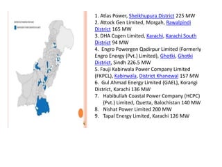 1. Atlas Power, Sheikhupura District 225 MW
2. Attock Gen Limited, Morgah, Rawalpindi
District 165 MW
3. DHA Cogen Limited, Karachi, Karachi South
District 94 MW
4. Engro Powergen Qadirpur Limited (Formerly
Engro Energy (Pvt.) Limited), Ghotki, Ghotki
District, Sindh 226.5 MW
5. Fauji Kabirwala Power Company Limited
(FKPCL), Kabirwala, District Khanewal 157 MW
6. Gul Ahmad Energy Limited (GAEL), Korangi
District, Karachi 136 MW
7. Habibullah Coastal Power Company (HCPC)
(Pvt.) Limited, Quetta, Balochistan 140 MW
8. Nishat Power Limited 200 MW
9. Tapal Energy Limited, Karachi 126 MW
 