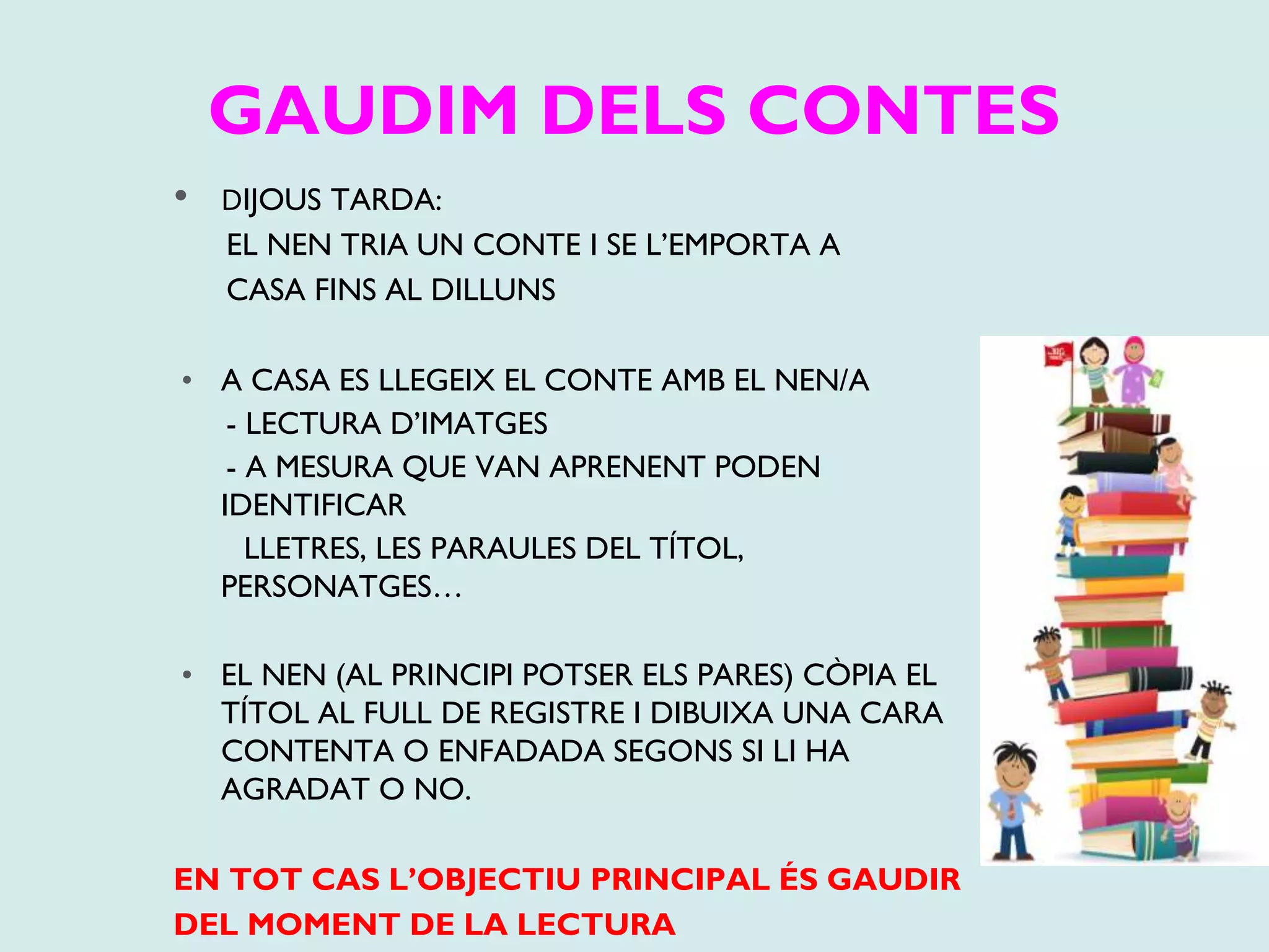 GAUDIM DELS CONTES
• DIJOUS TARDA:
EL NEN TRIA UN CONTE I SE L’EMPORTA A
CASA FINS AL DILLUNS
• A CASA ES LLEGEIX EL CONTE AMB EL NEN/A
- LECTURA D’IMATGES
- A MESURA QUE VAN APRENENT PODEN
IDENTIFICAR
LLETRES, LES PARAULES DEL TÍTOL,
PERSONATGES…
• EL NEN (AL PRINCIPI POTSER ELS PARES) CÒPIA EL
TÍTOL AL FULL DE REGISTRE I DIBUIXA UNA CARA
CONTENTA O ENFADADA SEGONS SI LI HA
AGRADAT O NO.
EN TOT CAS L’OBJECTIU PRINCIPAL ÉS GAUDIR
DEL MOMENT DE LA LECTURA
 