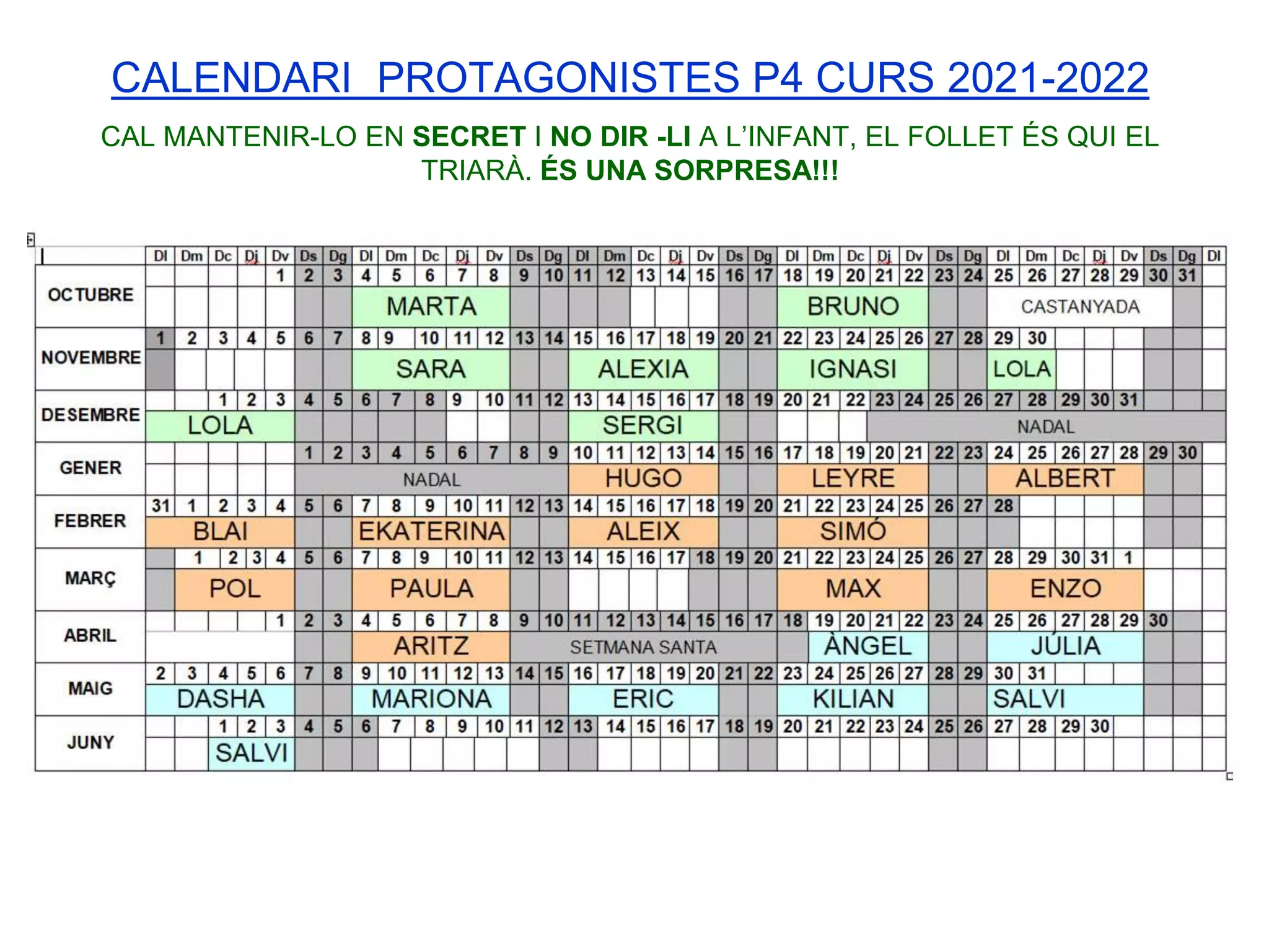 CALENDARI PROTAGONISTES P4 CURS 2021-2022
CAL MANTENIR-LO EN SECRET I NO DIR -LI A L’INFANT, EL FOLLET ÉS QUI EL
TRIARÀ. ÉS UNA SORPRESA!!!
 