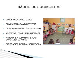 HÀBITS DE SOCIABILITAT
• CONVERSA A LA ROTLLANA
• COMUNICAR-SE AMB CORTESIA
• RESPECTAR ELS ALTRES I L’ENTORN
• ACCEPTAR I COMPLIR LES NORMES
• APRENDRE A DEMANAR PERDÓ I
SABER DISCULPAR-SE
• DIR GRÀCIES, BON DIA, BONA TARDA
 