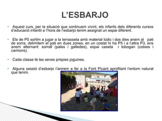 L’ESBARJO
• Aquest curs, per la situació que continuem vivint, els infants dels diferents cursos
d’educació infantil a l’hora de l’esbarjo tenim assignat un espai diferent.
• Els de P5 sortim a jugar a la terrasseta amb material lúdic i dos dies anem al pati
de sorra, delimitem el pati en dues zones, en un costat hi ha P5 i a l’altra P3, ens
anem alternant: sorrall (pales i galledes), espai caseta i tobogan (cotxes i
camions).
• Cada classe té les seves pròpies joguines.
• Alguna sessió d’esbarjo l’anirem a fer a la Font Picant aprofitant l’entorn natural
que tenim.
 