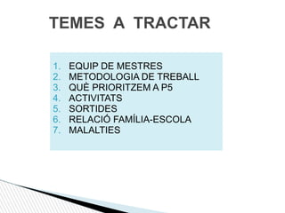 1. EQUIP DE MESTRES
2. METODOLOGIA DE TREBALL
3. QUÈ PRIORITZEM A P5
4. ACTIVITATS
5. SORTIDES
6. RELACIÓ FAMÍLIA-ESCOLA
7. MALALTIES
TEMES A TRACTAR
 