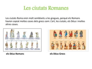 Les ciutats Romanes
Les ciutats Roma eren molt semblants a les gregues, perquè els Romans
havien copiat moltes coses dels grecs com: L’art, les ciutats, els Déus i moltes
altres coses.
els Déus Romans els Déus Grecs
 