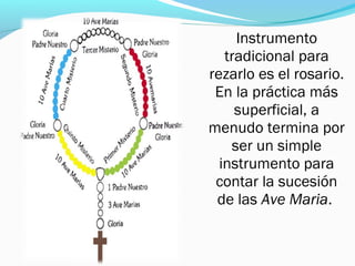 Instrumento
tradicional para
rezarlo es el rosario.
En la práctica más
superficial, a
menudo termina por
ser un simple
instrumento para
contar la sucesión
de las Ave Maria.
 