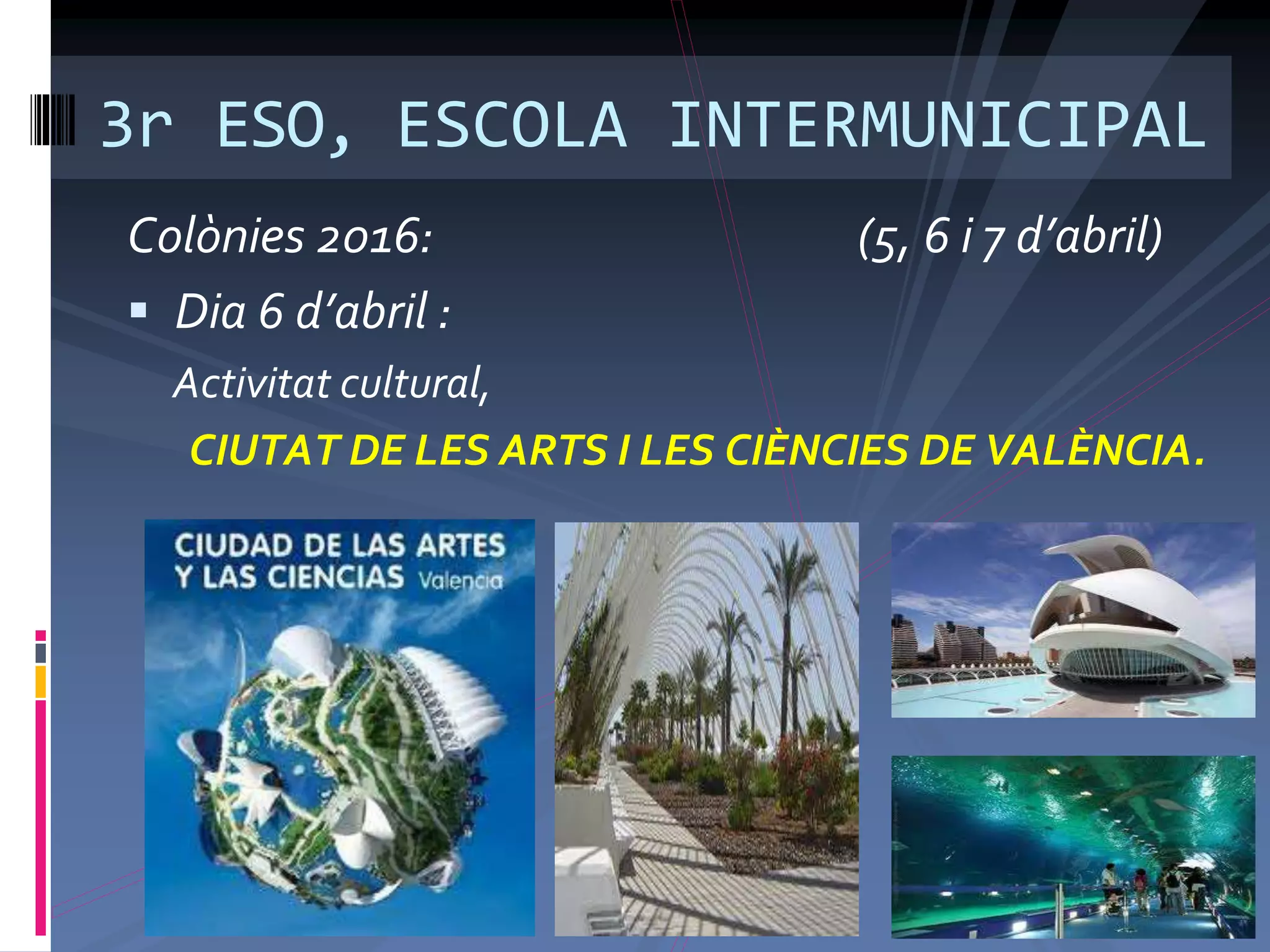 Colònies 2016: (5, 6 i 7 d’abril)
 Dia 6 d’abril :
Activitat cultural,
CIUTAT DE LES ARTS I LES CIÈNCIES DE VALÈNCIA.
3r ESO, ESCOLA INTERMUNICIPAL
 