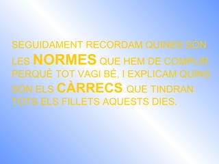 SEGUIDAMENT RECORDAM QUINES SÓN LES  NORMES  QUE HEM DE COMPLIR PERQUÈ TOT VAGI BÉ, I EXPLICAM QUINS SÓN ELS  CÀRRECS  QUE TINDRAN TOTS ELS FILLETS AQUESTS DIES. 