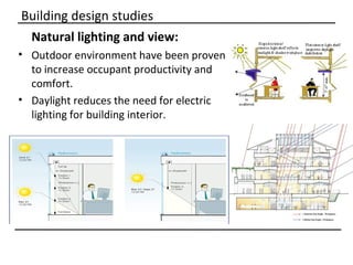 Building design studies
 Natural lighting and view:
• Outdoor environment have been proven
  to increase occupant productivity and
  comfort.
• Daylight reduces the need for electric
  lighting for building interior.
 