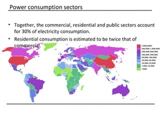 Power consumption sectors

• Together, the commercial, residential and public sectors account
  for 30% of electricity consumption.
• Residential consumption is estimated to be twice that of
  commercial.
 