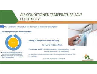 AIR CONDITIONER TEMPERATURE SAVE
ELECTRICITY
Air Conditioner temperature and its impact on electricity consumption .
Ideal Temperature for thermal comfort
24 °C
Raising AC temperature saves electricity
Formula to Find How Much
Percentage Saving = ( New temperature- Old temperature) X 100
( Outside temperature – old temperature )
= ( 25-20)/ (45-20) X100 = 20% saving
On a day when outside temperature is 45°C increasing temperature from 20 °C to
25°C will save:-
● Do not set temperature setting too
low as costs you additional power.
● 24°C is comfortable for human body
and is recommended.
 