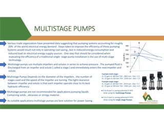 MULTISTAGE PUMPS
Various trade organization have presented data suggesting that pumping systems accounting for roughly
20% of the world electrical energy demand . Steps taken to improve the efficiency of these pumping
Systems would result not only in operating cost saving , but in reduced energy consumption and
reduced load on electrical energy supply sources . One step that should be considered when
evaluating the efficiency of a traditional single- stage pump installation is the use of multi-stage
technology .
Multistage pumps use multiple impellers and volutes in series to achieve pressure . The pumped fluid is
Discharged from an impeller and volute ( called a stage ) and immediately enters the next impeller and
volute . 0
50
100
150
200
250
300
B
D
A
Example multi stage:-
A= 25 gpm at 180 feet TDH , 2882 rpm , bhp = 2.3
B = 25 gpm at 266 feet TDH , 3500 rpm , bhp = 3.9
Example single stage:-
A= 25 gpm at 180 feet TDH , 3319 rpm , bhp = 3.7
B = 25 gpm at 200 feet TDH , 3500 rpm , bhp = 4.2
Head
(ft.)
● D to B part is saving potential if VFD
drive using for multistage Pumps .
● A to D part is saving potential if VFD
drive using for single stage Pumps .
Multistage Pumps Depends on the diameter of the impellers , the number of
stages used and the speed of the impeller are turning .The tight clearance
between impeller and volute is that each impeller operate close to its best
hydraulic efficiency .
Multistage pumps are not recommended for applications pumping liquids
Containing solids , abrasives or stringy material .
As suitable applications multistage pumps are best solution for power Saving .
 
