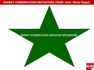 ENERGY CONSERVATION INITIATIVES (TEAM Unit– Shree Gopal)




           ENERGY CONSERVATION INITIATIVES IMPLEMENTED
 