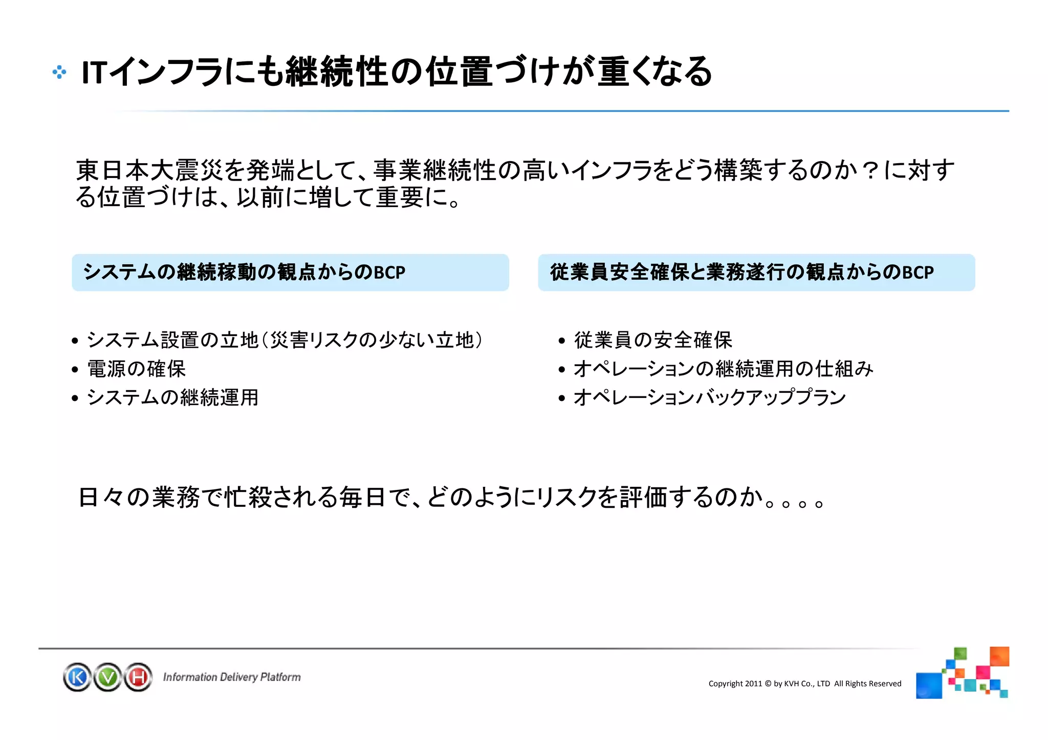 IT




         BCP                                                                   BCP


•                   •
•                   •
•                   •




                        Copyright 2011 © by KVH Co., LTD All Rights Reserved
               10
 