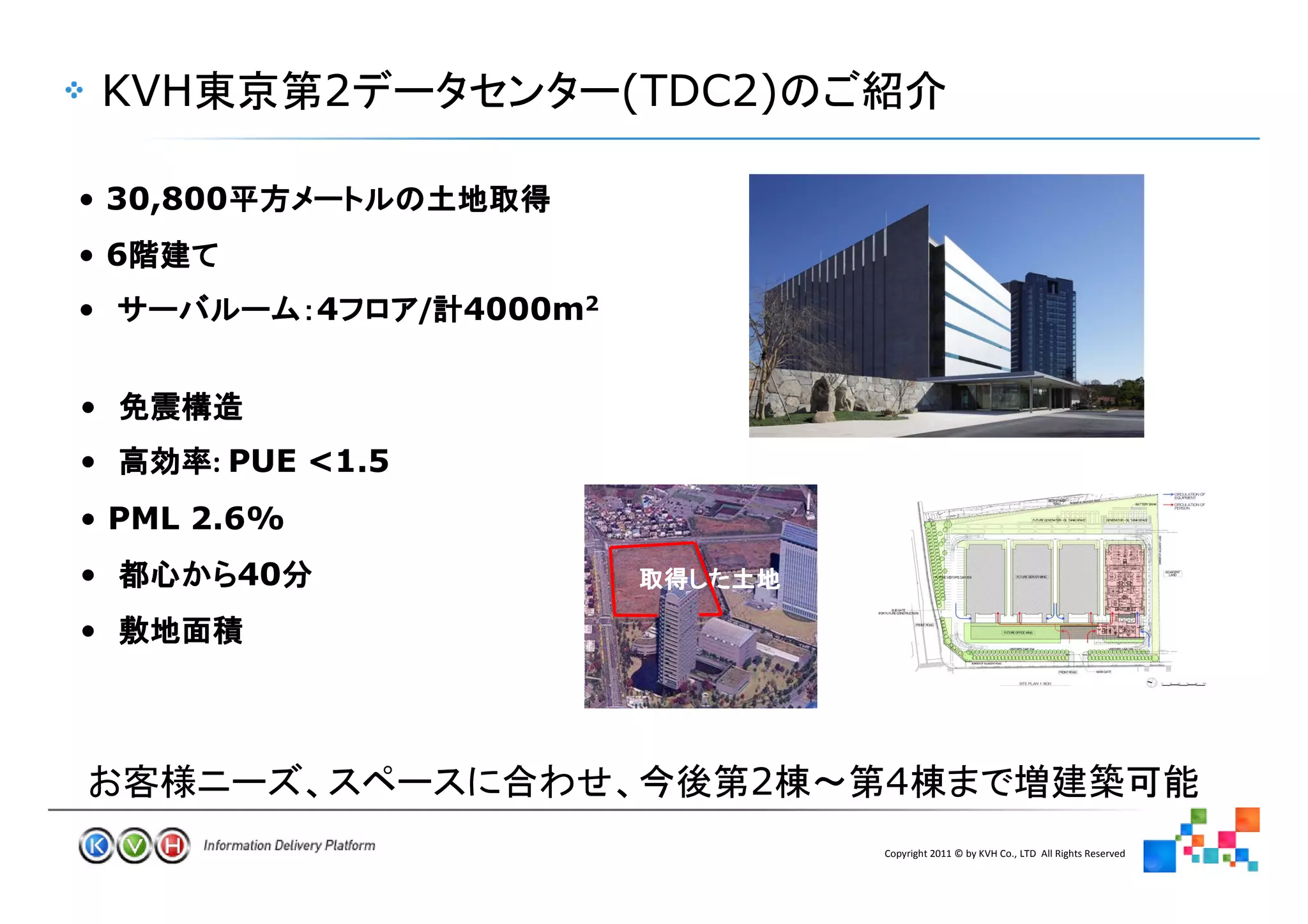 KVH         2                   (TDC2)

• 30,800
•6
•               4      /   4000m2


•
•         : PUE <1.5
• PML 2.6%
•          40
•



                                         2   4
                                             Copyright 2011 © by KVH Co., LTD All Rights Reserved
                                    16
 