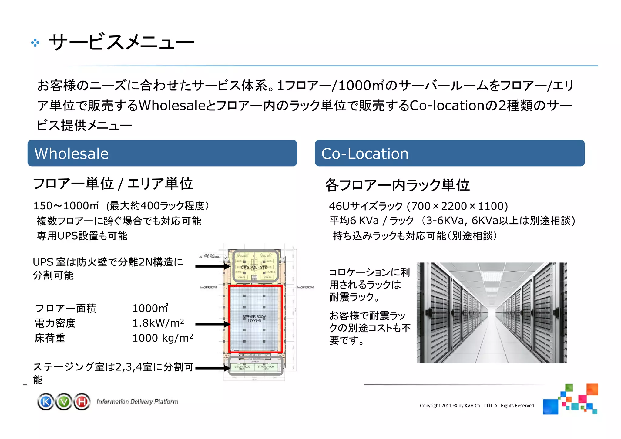 1         /1000                                                                   /
                     Wholesale                            Co-location                          2


Wholesale                                 Co-Location

                /
150 1000    (        400                  46U             (700×2200×1100)
                                                6 KVa /      3-6KVa, 6KVa                                              )
      UPS

UPS                  2N



                    1000
                    1.8kW/m2
                    1000 kg/m2

                2,3,4


                                                            Copyright 2011 © by KVH Co., LTD All Rights Reserved
                                     17
 