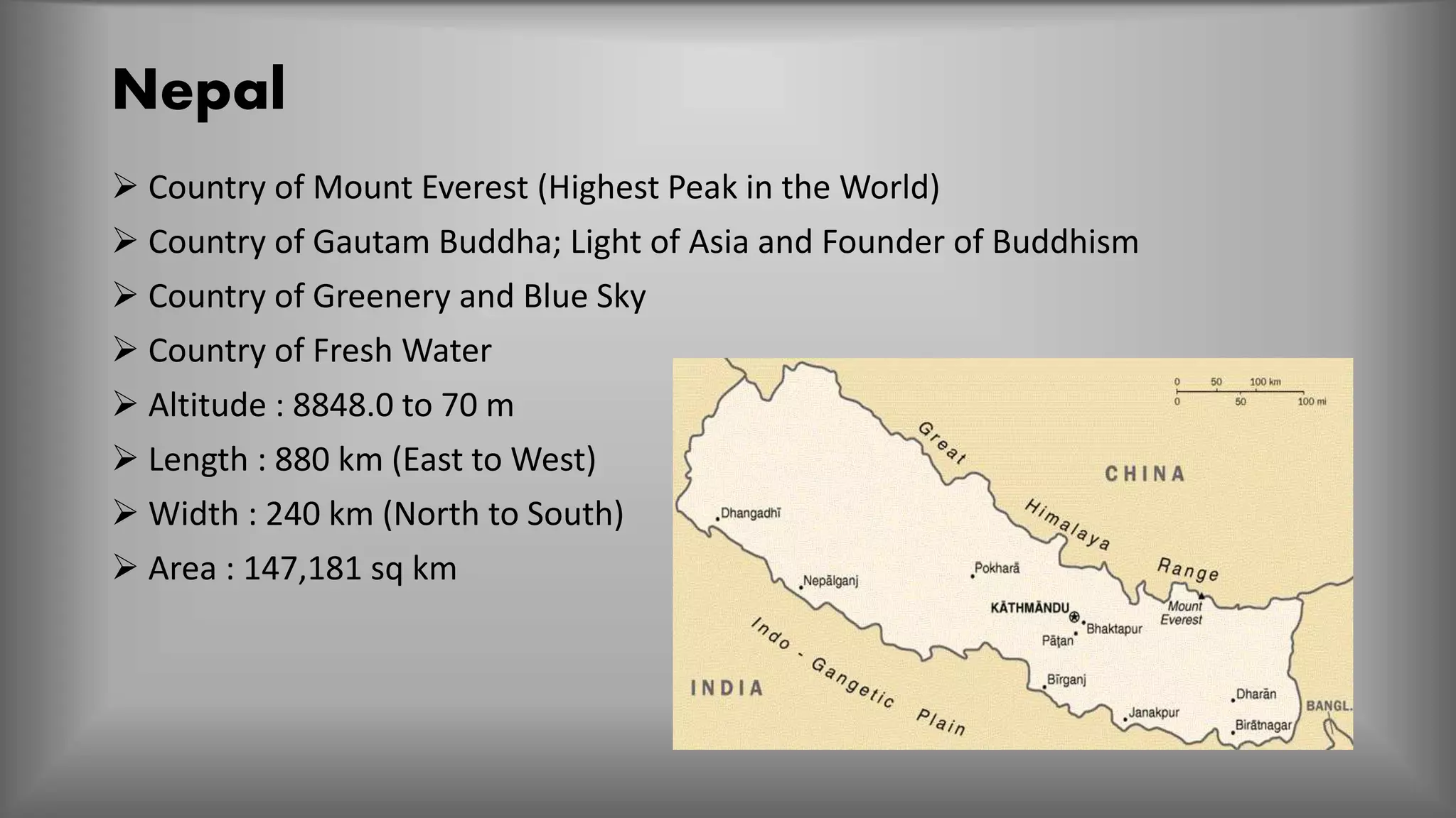 Nepal
 Country of Mount Everest (Highest Peak in the World)
 Country of Gautam Buddha; Light of Asia and Founder of Buddhism
 Country of Greenery and Blue Sky
 Country of Fresh Water
 Altitude : 8848.0 to 70 m
 Length : 880 km (East to West)
 Width : 240 km (North to South)
 Area : 147,181 sq km
 