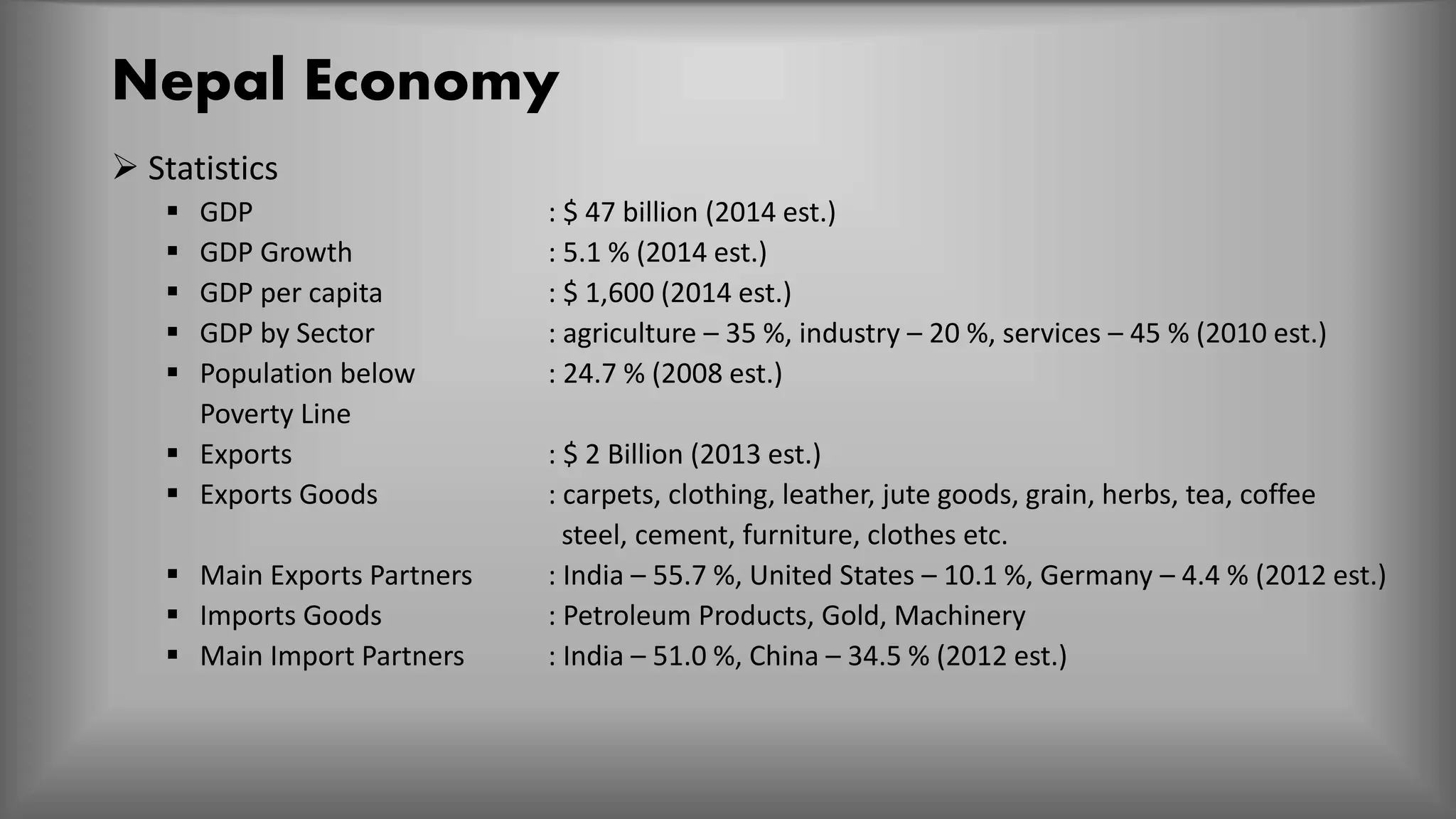 Nepal Economy
 Statistics
 GDP : $ 47 billion (2014 est.)
 GDP Growth : 5.1 % (2014 est.)
 GDP per capita : $ 1,600 (2014 est.)
 GDP by Sector : agriculture – 35 %, industry – 20 %, services – 45 % (2010 est.)
 Population below : 24.7 % (2008 est.)
Poverty Line
 Exports : $ 2 Billion (2013 est.)
 Exports Goods : carpets, clothing, leather, jute goods, grain, herbs, tea, coffee
steel, cement, furniture, clothes etc.
 Main Exports Partners : India – 55.7 %, United States – 10.1 %, Germany – 4.4 % (2012 est.)
 Imports Goods : Petroleum Products, Gold, Machinery
 Main Import Partners : India – 51.0 %, China – 34.5 % (2012 est.)
 