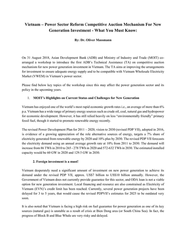 VIETNAM POWER SECTOR REFORM COMPETITIVE AUCTION MECHANISM FOR NEW