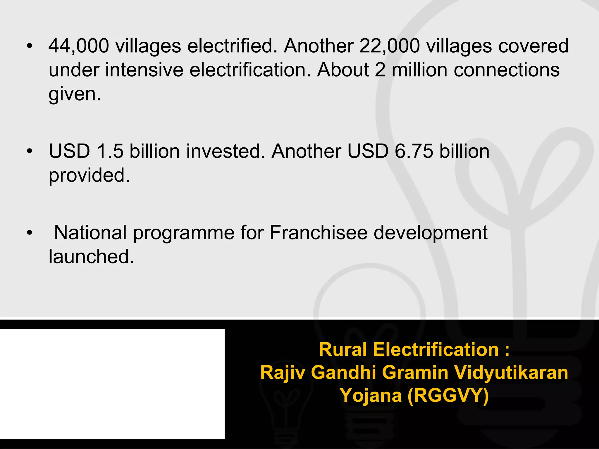 • 44,000 villages electrified. Another 22,000 villages covered
  under intensive electrification. About 2 million connections
  given.

• USD 1.5 billion invested. Another USD 6.75 billion
  provided.

•    National programme for Franchisee development
    launched.



                                 Rural Electrification :
                          Rajiv Gandhi Gramin Vidyutikaran
                                   Yojana (RGGVY)
 