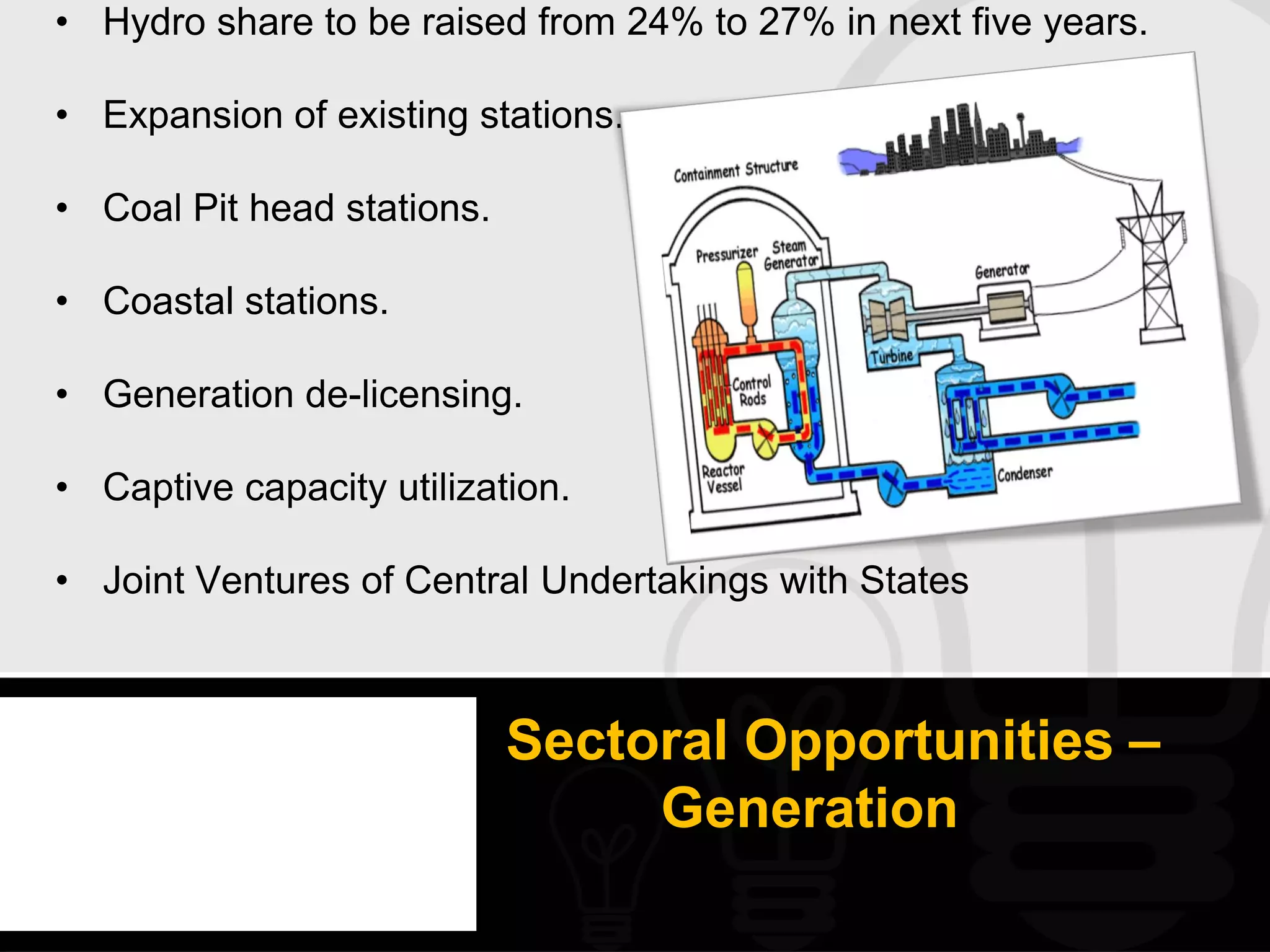 • Hydro share to be raised from 24% to 27% in next five years.

• Expansion of existing stations.

• Coal Pit head stations.

• Coastal stations.

• Generation de-licensing.

• Captive capacity utilization.

• Joint Ventures of Central Undertakings with States



                            Sectoral Opportunities –
                                 Generation
 