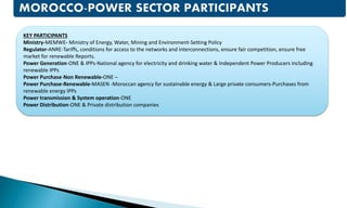 KEY PARTICIPANTS
Ministry-MEMWE- Ministry of Energy, Water, Mining and Environment-Setting Policy
Regulator-ANRE-Tariffs, conditions for access to the networks and interconnections, ensure fair competition, ensure free
market for renewable Reports.
Power Generation-ONE & IPPs-National agency for electricity and drinking water & Independent Power Producers including
renewable IPPs
Power Purchase-Non Renewable-ONE –
Power Purchase-Renewable-MASEN -Moroccan agency for sustainable energy & Large private consumers-Purchases from
renewable energy IPPs
Power transmission & System operation-ONE
Power Distribution-ONE & Private distribution companies
 